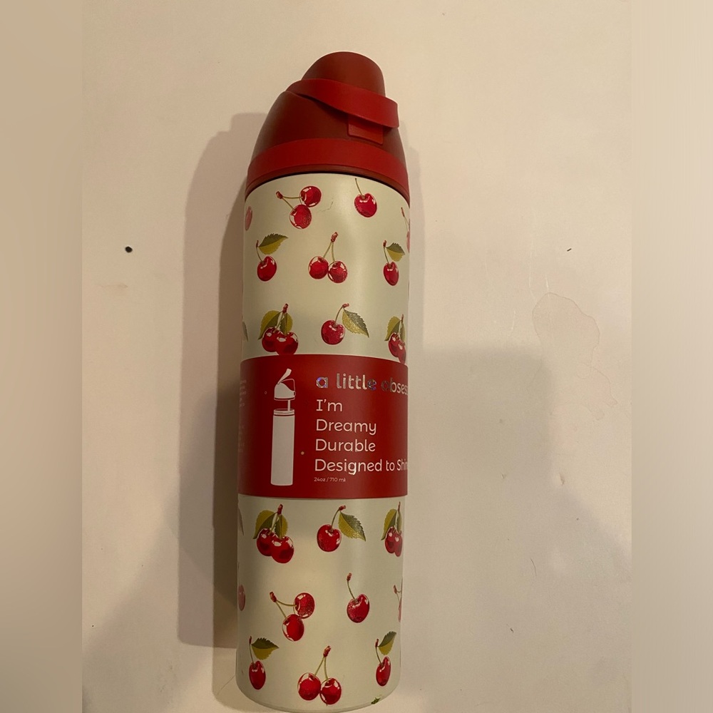 A Little Obsessed "Bows & Cherries " 24 Oz Water Bottle white + red cherries